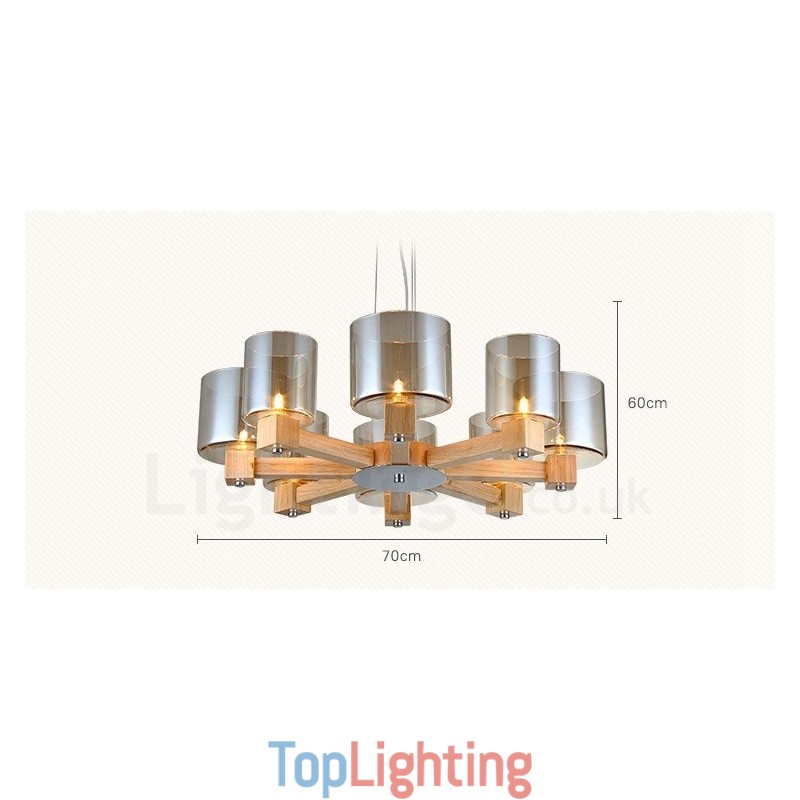 8 Light Wood Modern Contemporary Nordic style Pendant Light with Glass Shade