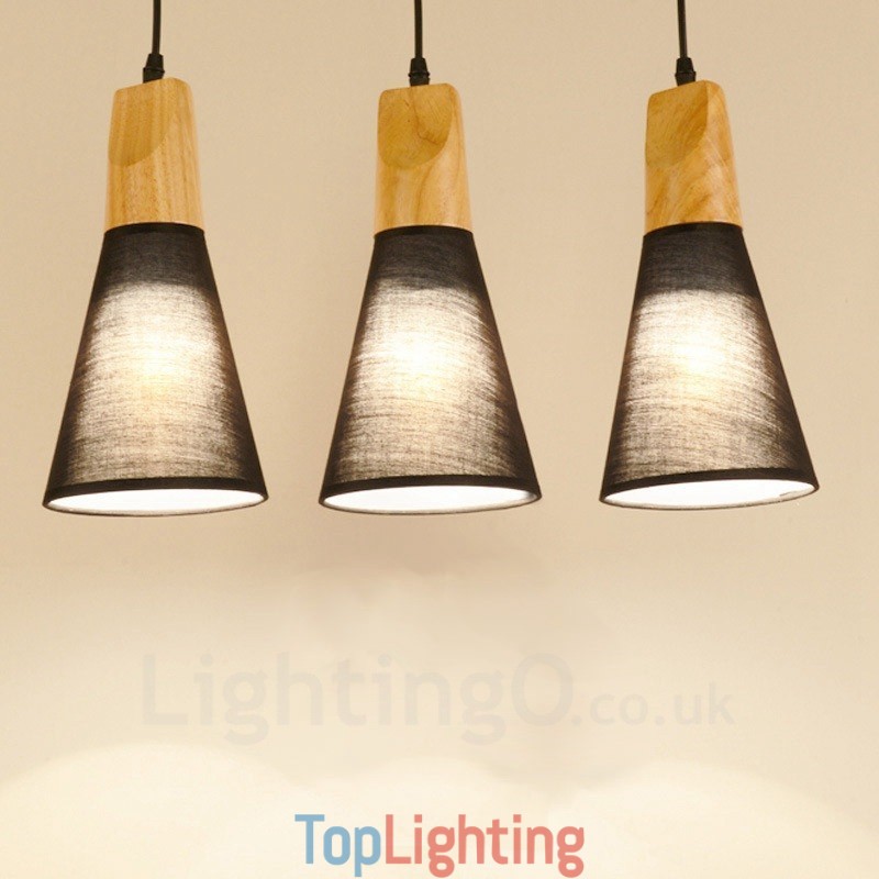 3 Light Wood Modern Contemporary Pendant Light with Fabric Shade