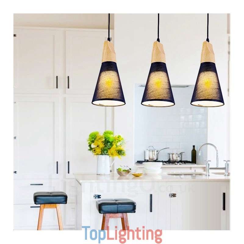 3 Light Wood Modern Contemporary Pendant Light with Fabric Shade