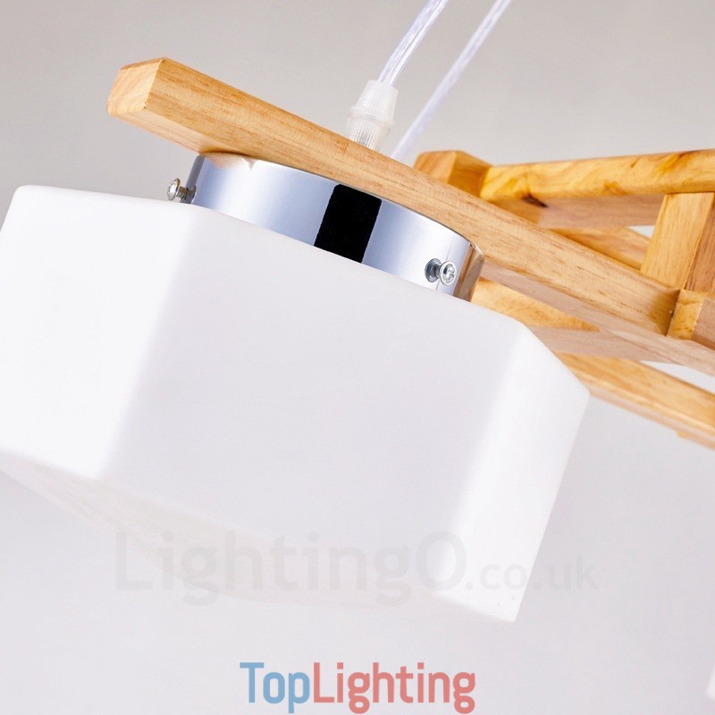 4 Light Wood Modern Contemporary Nordic style Pendant Light with Glass Shade