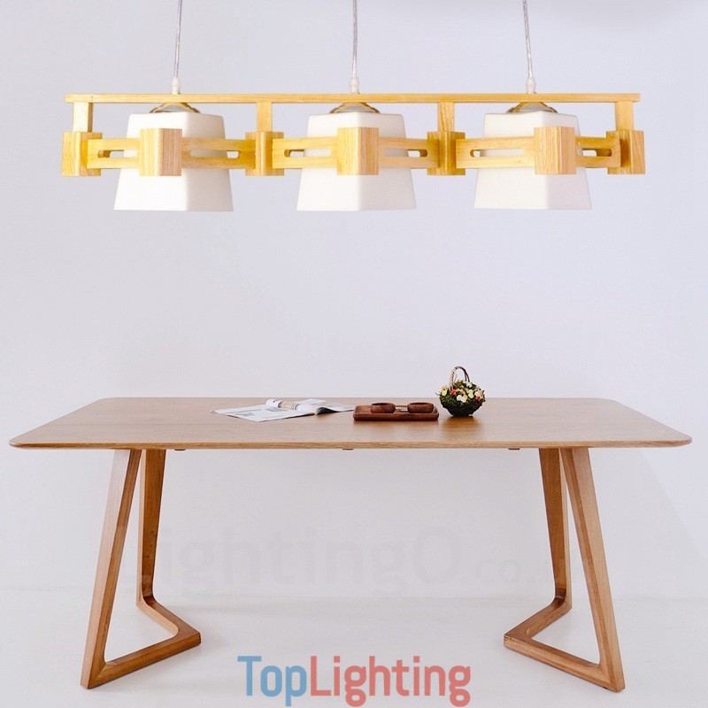 3 Light Wood Modern Contemporary Nordic style Pendant Light with Fabric Shade