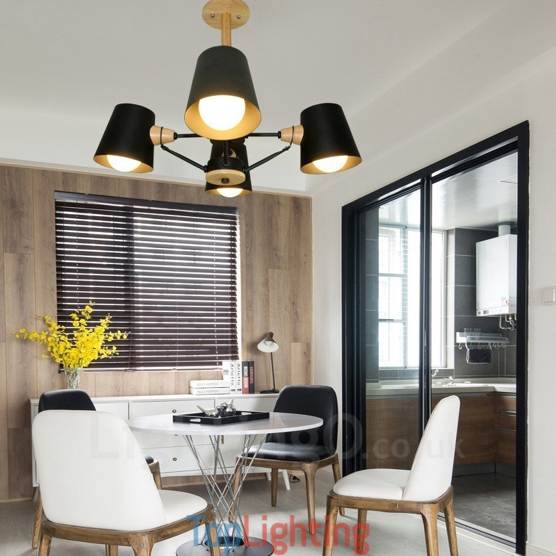 4 Light Wood Modern Contemporary Nordic style Pendant Light with Iron Shade