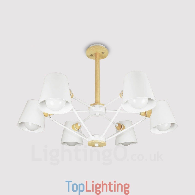6 Light Wood Modern Contemporary Nordic style Pendant Light with Iron Shade