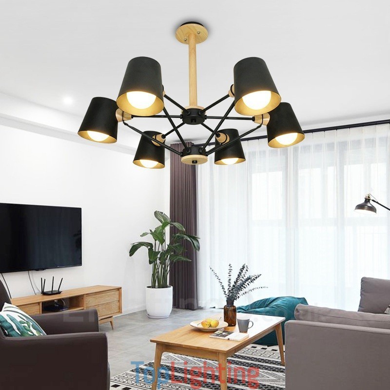 6 Light Wood Modern Contemporary Nordic style Pendant Light with Iron Shade