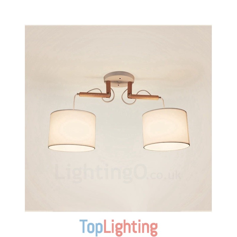 2 Light Wood Modern Contemporary Pendant Light with Fabric Shade