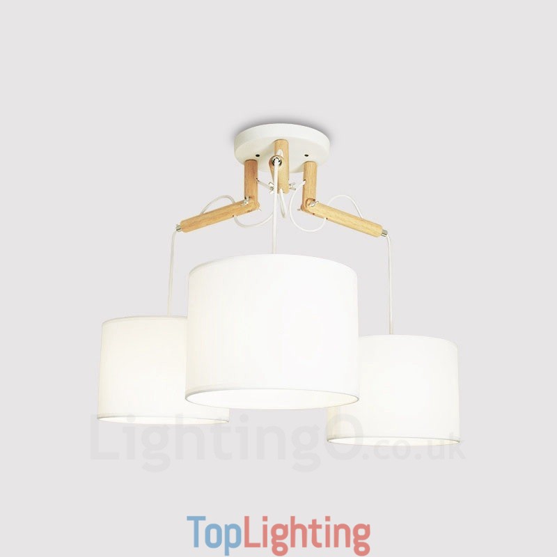 3 Light Wood Modern Contemporary Pendant Light with Fabric Shade
