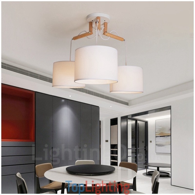 3 Light Wood Modern Contemporary Pendant Light with Fabric Shade