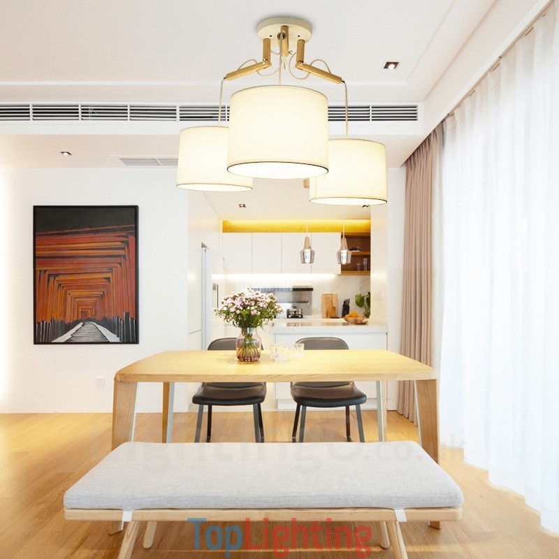 3 Light Wood Modern Contemporary Pendant Light with Fabric Shade