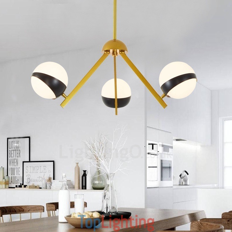 3 Light Modern Contemporary Nordic style Ceiling Lights Chandelier with Black and White Ball Glass Shade