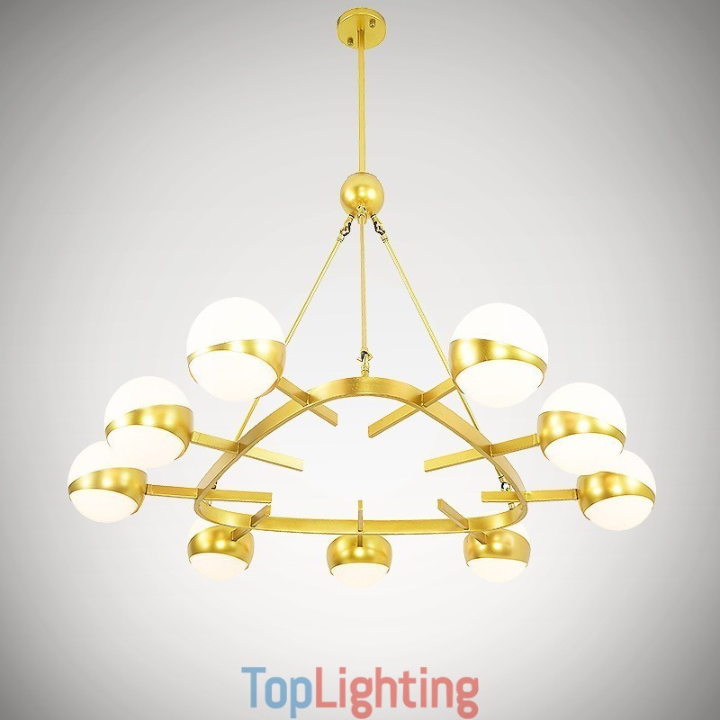 9 Light Modern Contemporary Nordic style Ceiling Lights Copper Plating Chandelier with Gold and White Ball Glass Shade