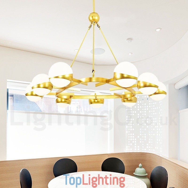 9 Light Modern Contemporary Nordic style Ceiling Lights Copper Plating Chandelier with Gold and White Ball Glass Shade