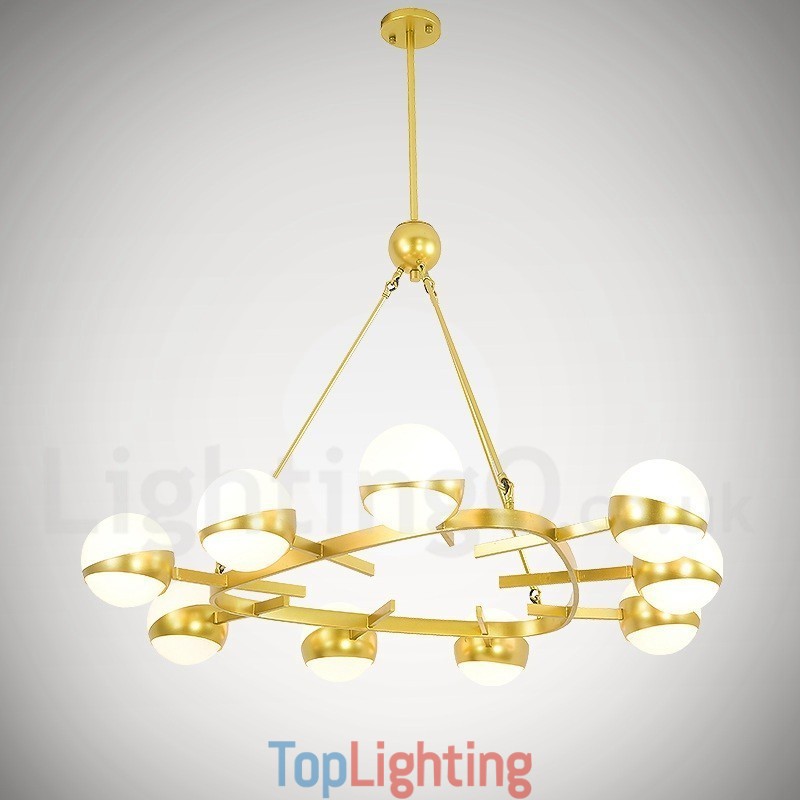 9 Light Modern Contemporary Nordic style Ceiling Lights Copper Plating Chandelier with Gold and White Ball Glass Shade