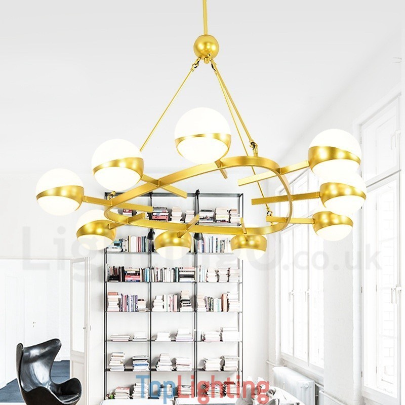 9 Light Modern Contemporary Nordic style Ceiling Lights Copper Plating Chandelier with Gold and White Ball Glass Shade