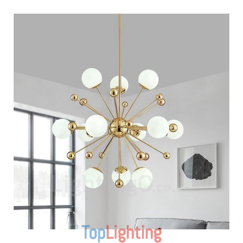 12 Light Modern Contemporary Ceiling Lights Copper Plating Chandelier with White Ball Glass Shade