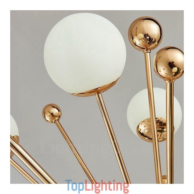 12 Light Modern Contemporary Ceiling Lights Copper Plating Chandelier with White Ball Glass Shade