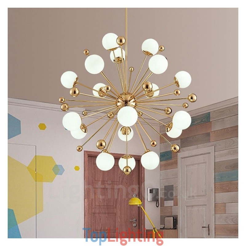 18 Light Modern Contemporary Ceiling Lights Copper Plating Chandelier with White Ball Glass Shade
