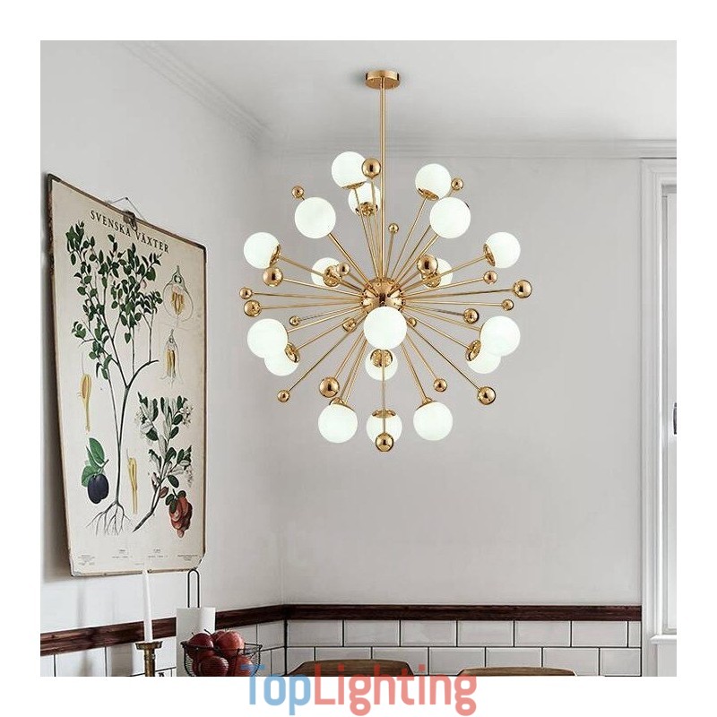 18 Light Modern Contemporary Ceiling Lights Copper Plating Chandelier with White Ball Glass Shade