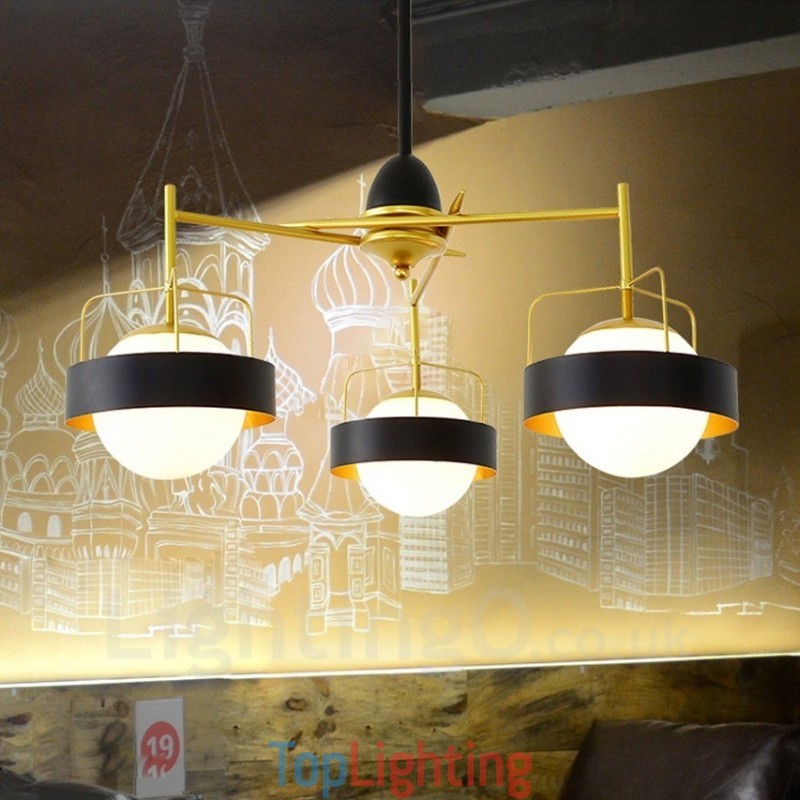3 Light Modern Contemporary Ceiling Lights Copper Plating Chandelier with White & Black Ball Glass Shade