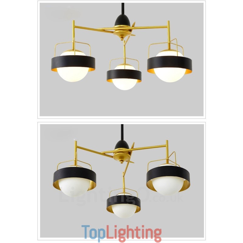 3 Light Modern Contemporary Ceiling Lights Copper Plating Chandelier with White & Black Ball Glass Shade