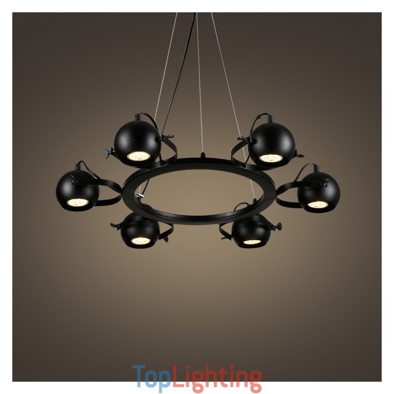 6 Light Retro Vintage Black Iron Pendant Light with Black Iron Ball Shades