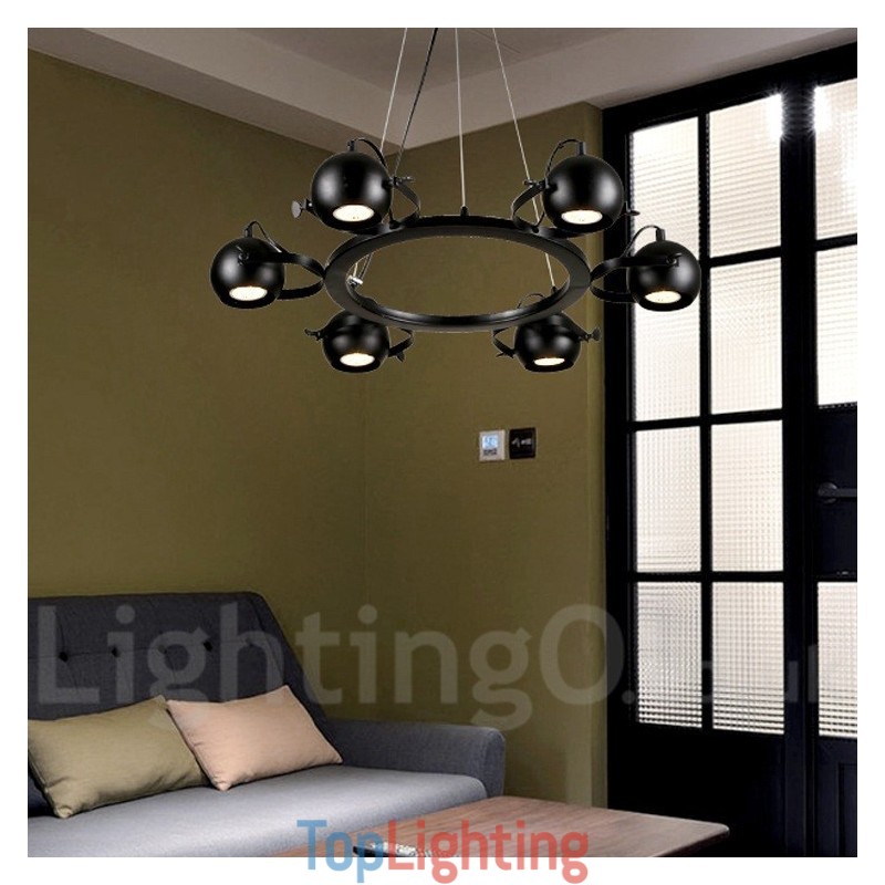 6 Light Retro Vintage Black Iron Pendant Light with Black Iron Ball Shades