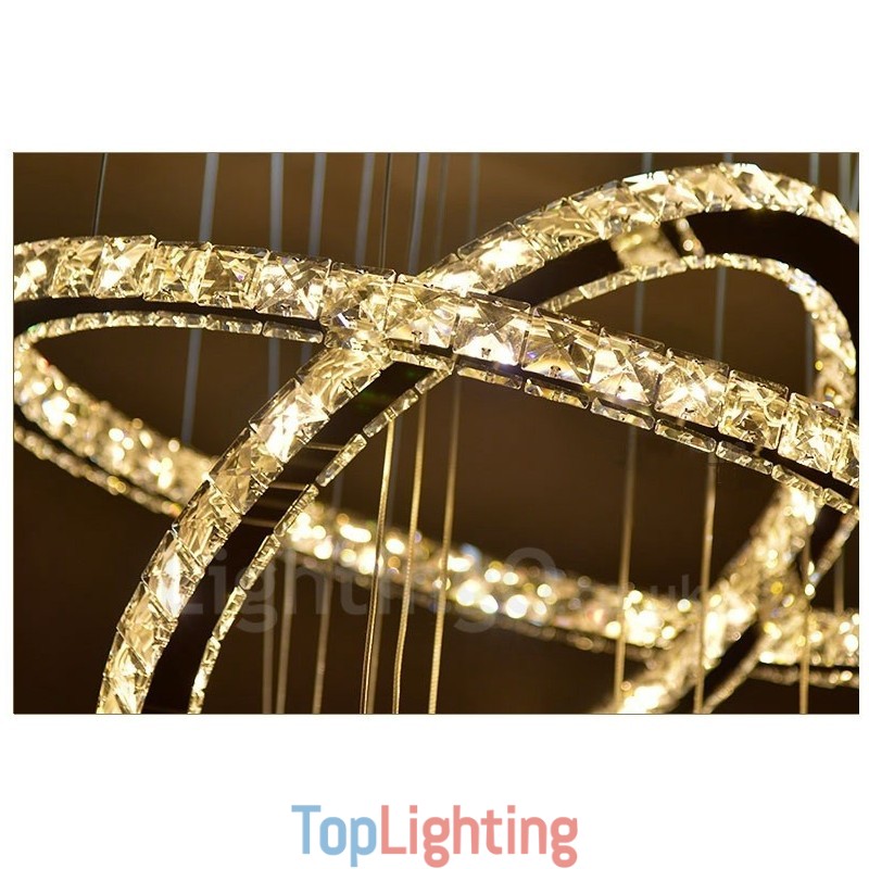 Dimmable Wi Fi Smart Three Light Source Colours 5 Rings Modern Crystal Ceiling Pendant Light Indoor Chandelier