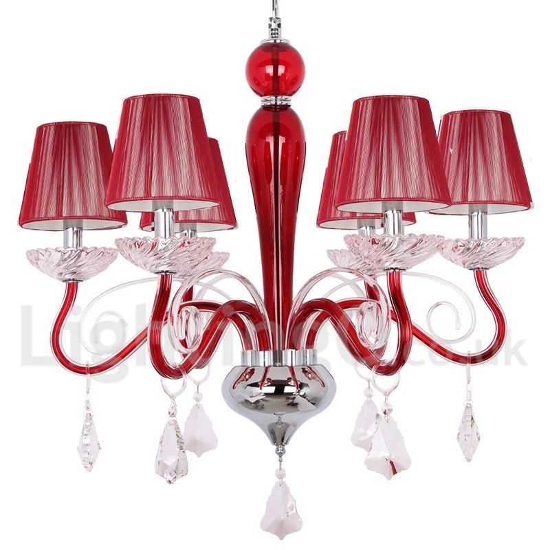 6 Light Red Contemporary K9 Crystal Candle Style Chandelier