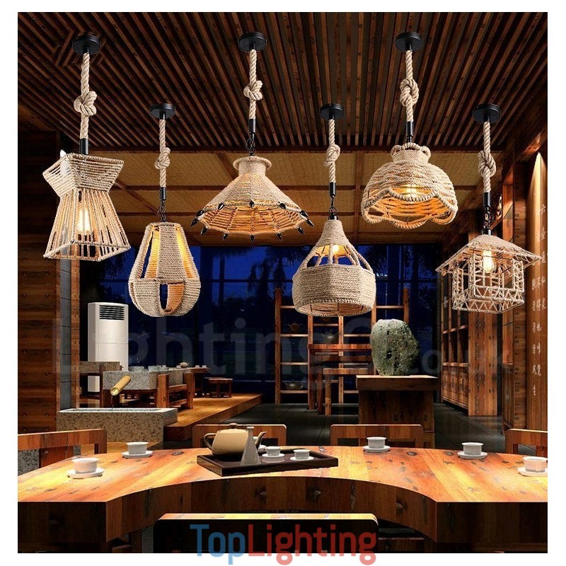 1 Light Rustic Lodge Pendant Light Cafe Hemp Rope Pendant Lamp