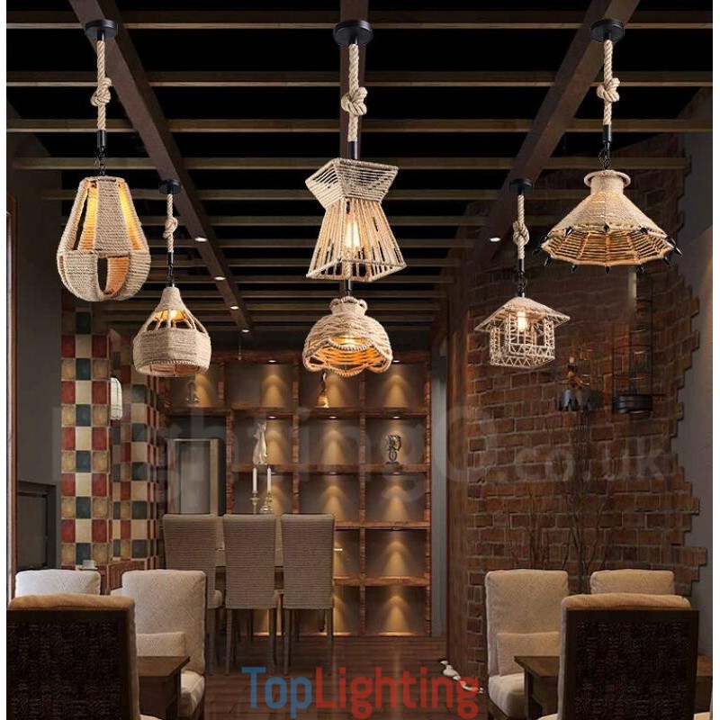 1 Light Rustic Lodge Pendant Light Cafe Hemp Rope Pendant Lamp