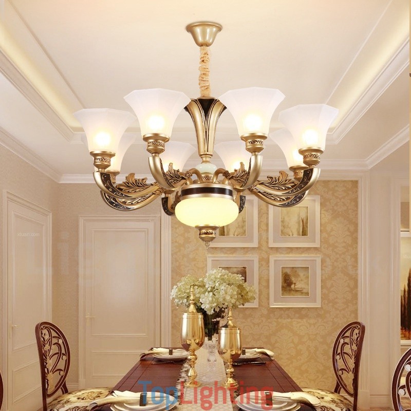 8 Light Retro Traditional Luxury Lobby Chandelier with Glass Shade