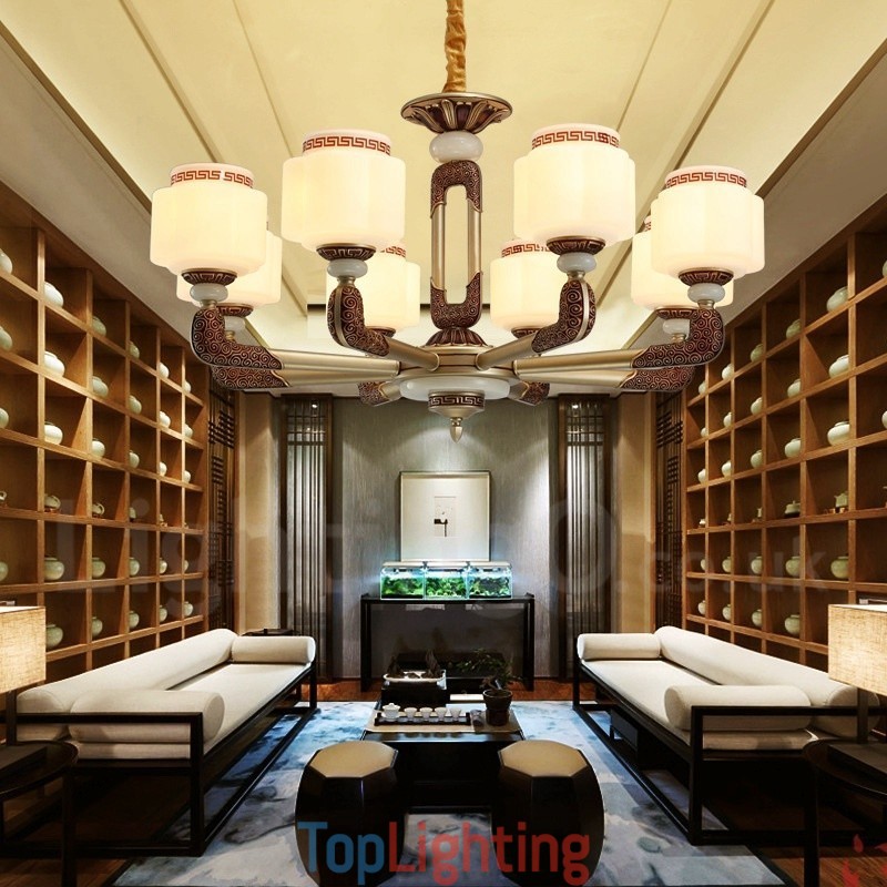 8 Light Retro Traditional Zinc alloy Luxury Lobby Chandelier with Glass Shade