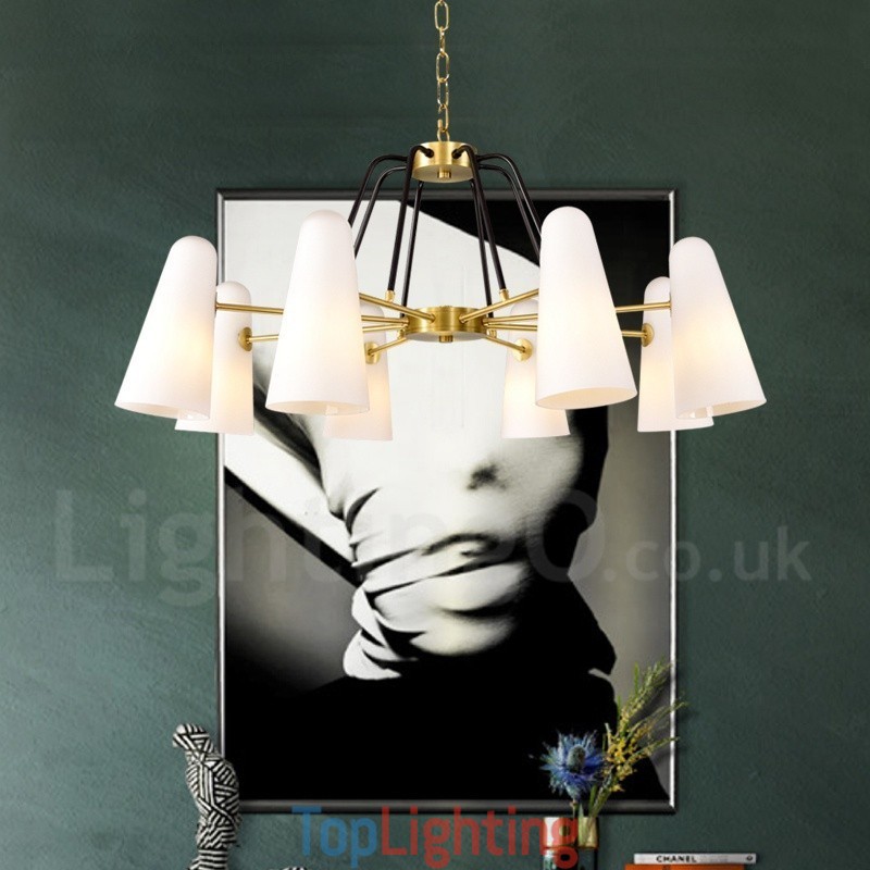 8 Light Retro Rustic Luxury Brass Pendant Lamp Chandelier with Glass Shade