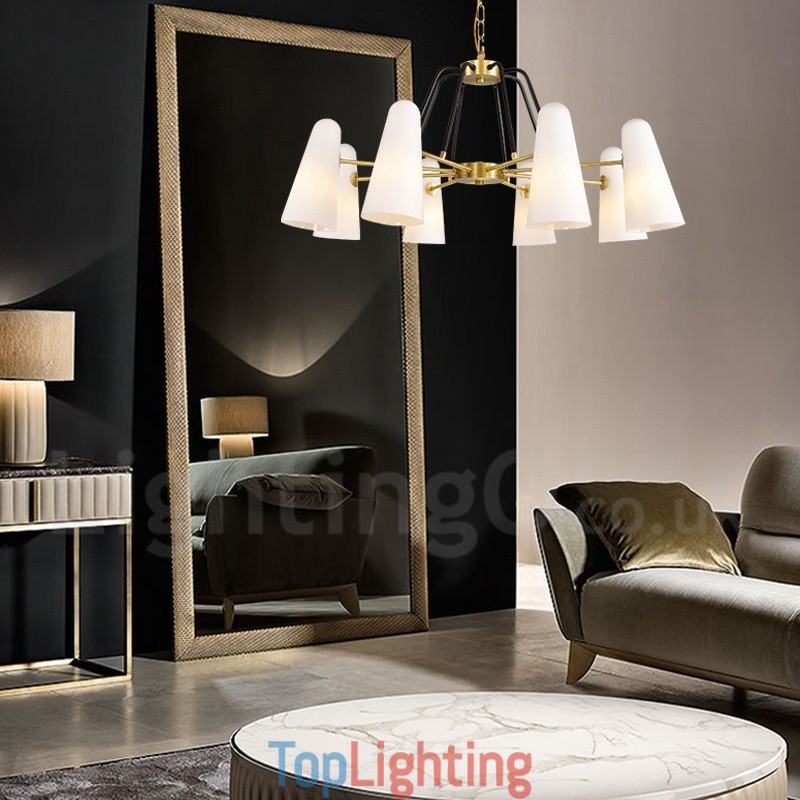 8 Light Retro Rustic Luxury Brass Pendant Lamp Chandelier with Glass Shade