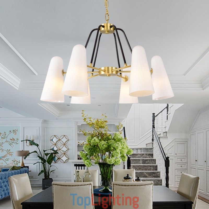 6 Light Retro Rustic Luxury Brass Pendant Lamp Chandelier with Glass Shade