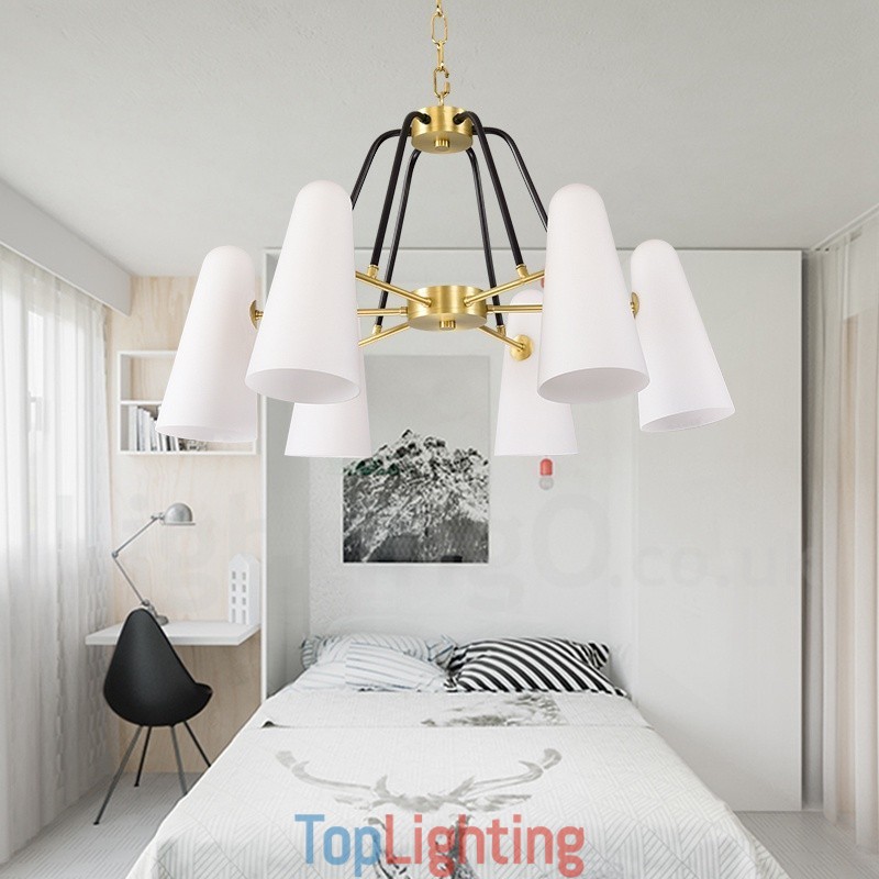 6 Light Retro Rustic Luxury Brass Pendant Lamp Chandelier with Glass Shade