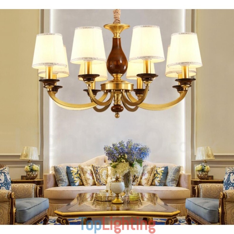 8 Light Retro Rustic Luxury Brass Pendant Lamp Chandelier with Glass Shade