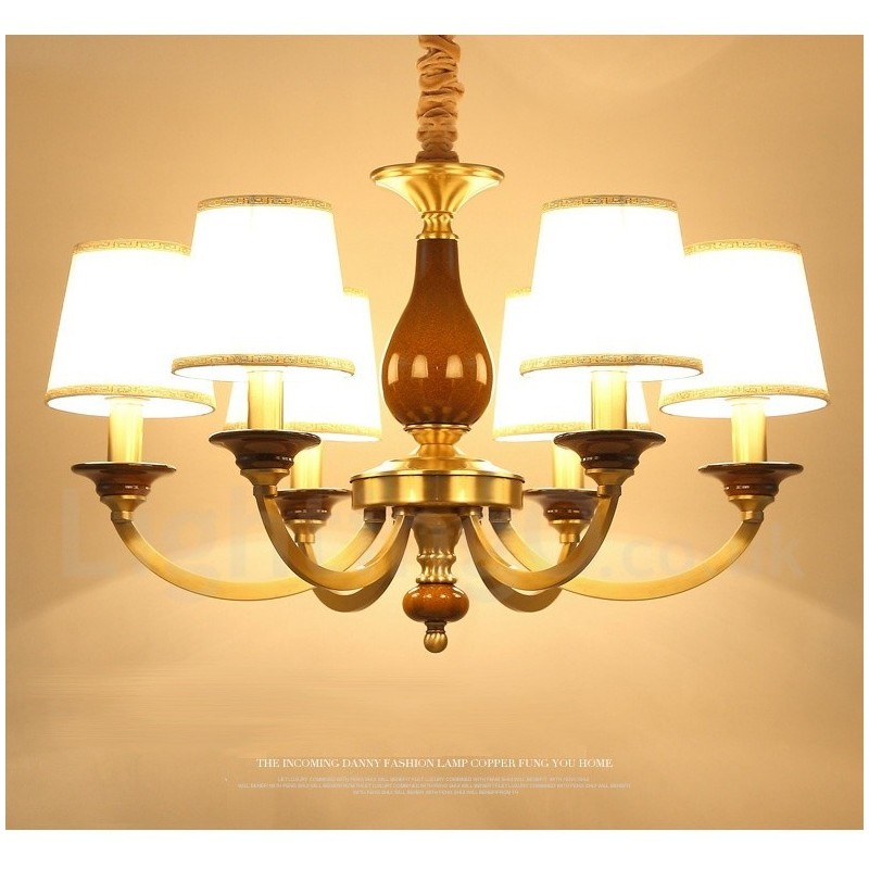 6 Light Retro Rustic Luxury Brass Pendant Lamp Chandelier with Glass Shade