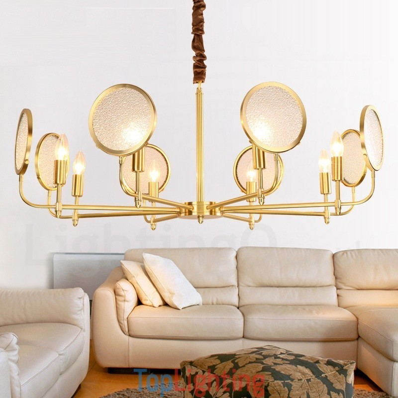 8 Light Retro Rustic Luxury Brass Pendant Lamp Chandelier with Glass Shade