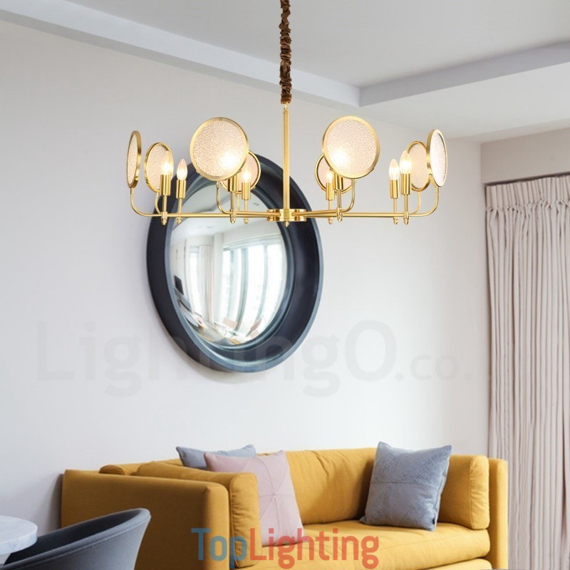 8 Light Retro Rustic Luxury Brass Pendant Lamp Chandelier with Glass Shade