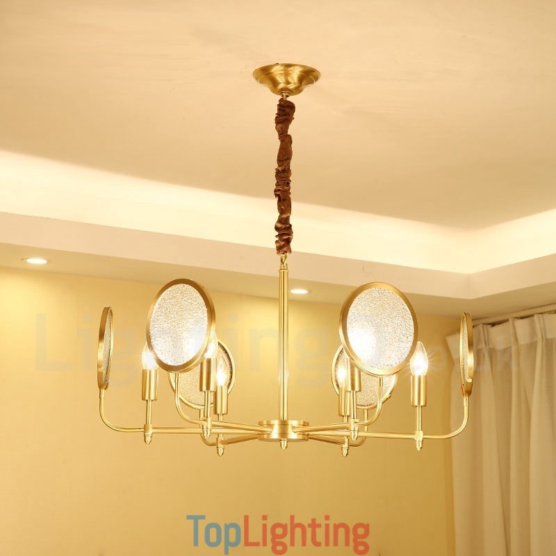6 Light Retro Rustic Luxury Brass Pendant Lamp Chandelier with Glass Shade