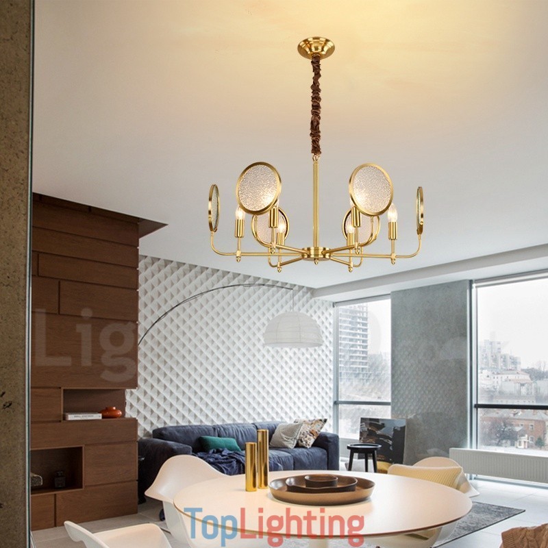 6 Light Retro Rustic Luxury Brass Pendant Lamp Chandelier with Glass Shade