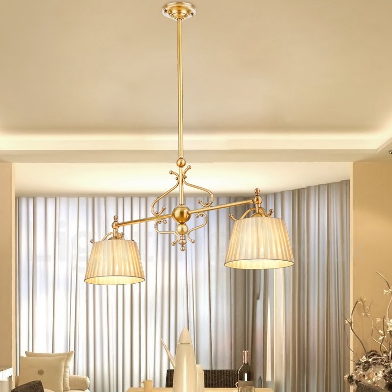 2 Light Retro Rustic Luxury Brass Pendant Lamp Chandelier with Fabric Shade