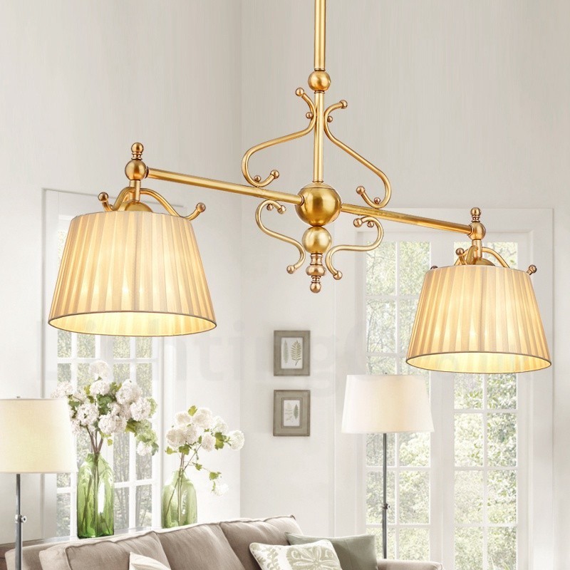 2 Light Retro Rustic Luxury Brass Pendant Lamp Chandelier with Fabric Shade
