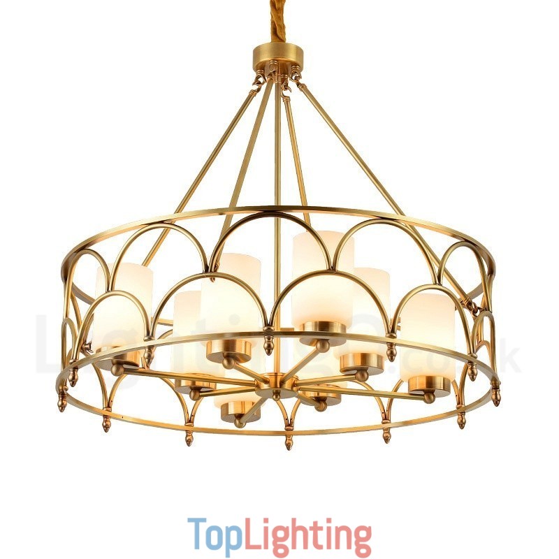 8 Light Retro Rustic Luxury Brass Pendant Lamp Chandelier with Glass Shade