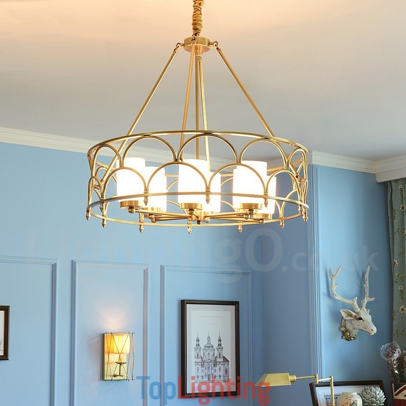 8 Light Retro Rustic Luxury Brass Pendant Lamp Chandelier with Glass Shade