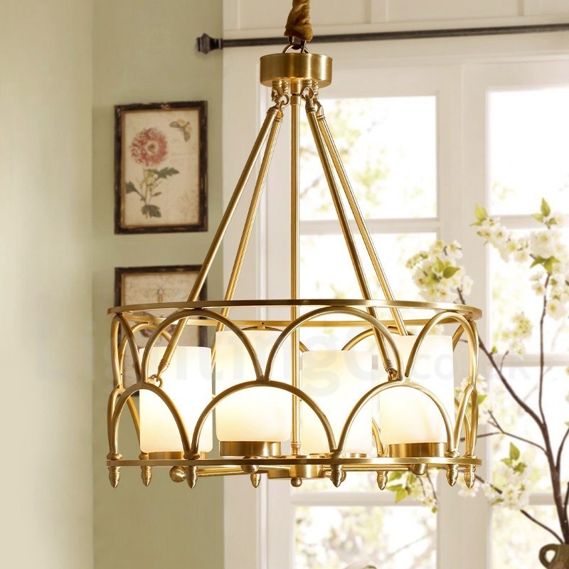 4 Light Retro Rustic Luxury Brass Pendant Lamp Chandelier with Glass Shade