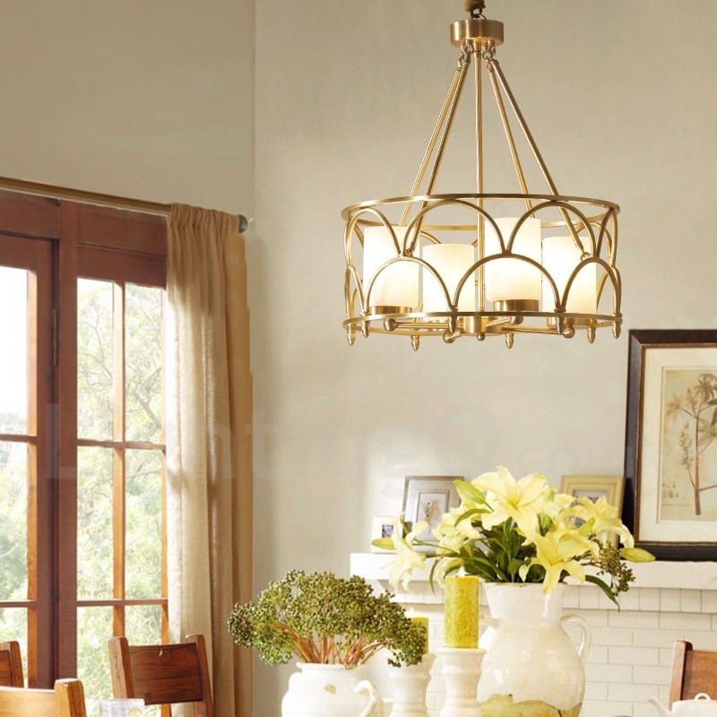 4 Light Retro Rustic Luxury Brass Pendant Lamp Chandelier with Glass Shade