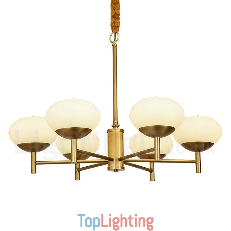 6 Light Retro Rustic Luxury Brass Pendant Lamp Chandelier with Glass Shade