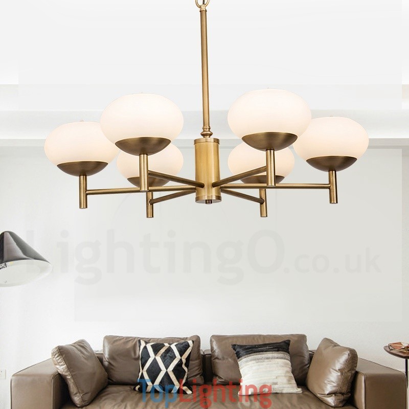 6 Light Retro Rustic Luxury Brass Pendant Lamp Chandelier with Glass Shade