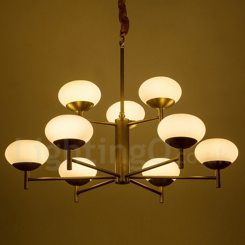 9 Light Retro Rustic Luxury Brass Pendant Lamp Chandelier with Glass Shade